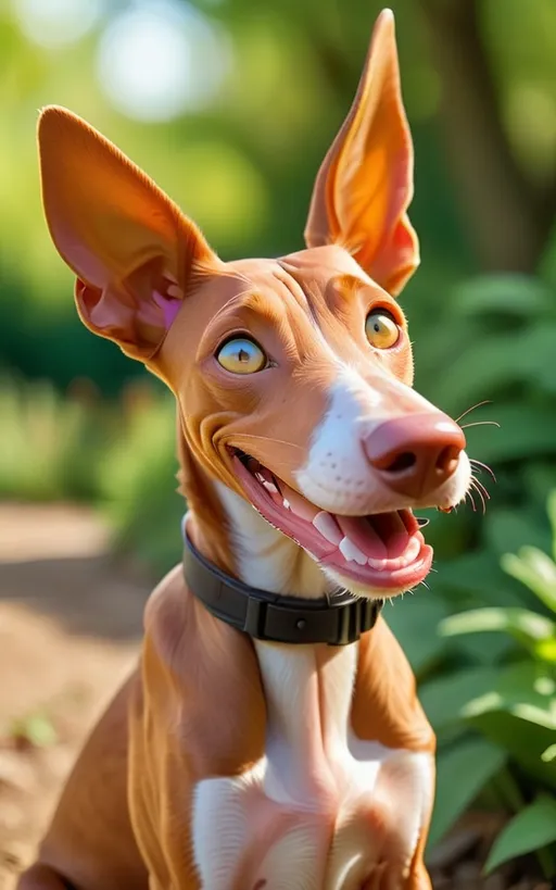 Prompt: Dog podenco cute smile eyes big ears while 