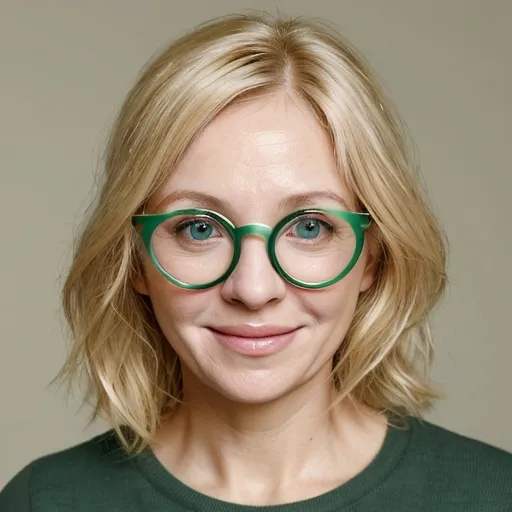 Prompt: Blonde , middle aged woman , happy , green eyes ,rosy  cheeks, round glasses 
