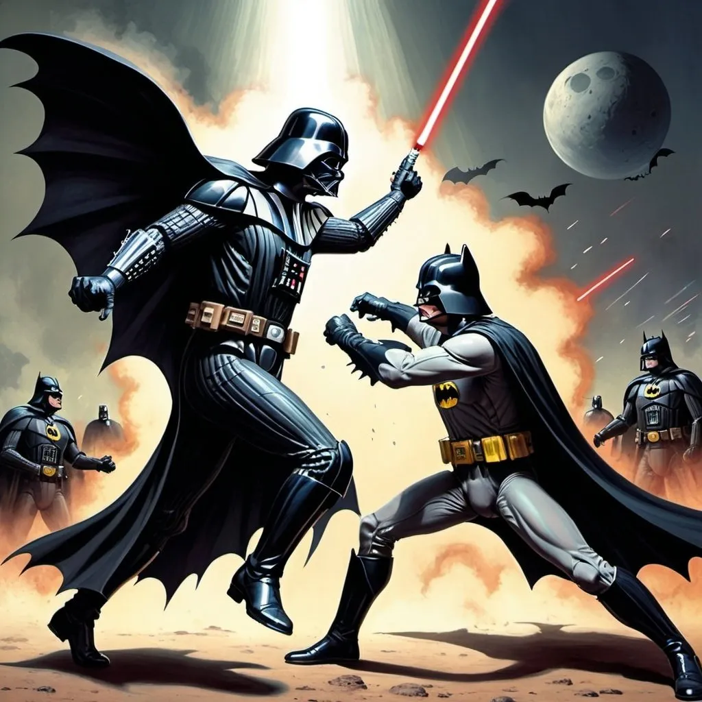 Prompt: Darth Vader and batman fighting, science-fiction, pulp style