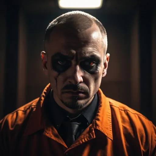 Prompt: Misc-gothic style image of a criminal wearing orange, keen police man, last confession, death, dimly lit interrogation room, eerie atmosphere, detailed facial expressions, intense emotions, dramatic lighting, high contrast, moody color tones, atmospheric shadows, 4k, detailed textures, professional, intense, gothic, sinister, dramatic lighting