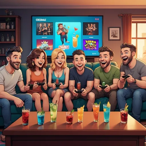 Prompt: Cartoon of 8 Friends sitting and standing in front of a big screen TV  with a video game on the screen. games. Laughing and drinking cocktails

