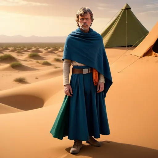 Prompt: (Luke Skywalker dressed in a classic blue collared skirt in thick cotton and an orange triangular scarf), standing confidently, large green cotton scouting tent in the background, desert planet, warm sunset with dramatic golden hues, vast sand dunes, atmospheric and adventurous, mandscape609503Rich color contrasts, slightly windy, nuanced shadows, high depth cinematic masterpiece, 4K resolution, ultra-detailed.