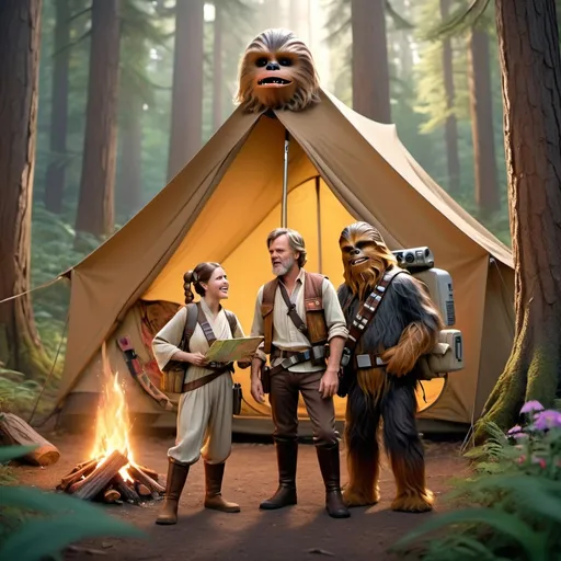 Prompt: A funny picture of a tent in a wood with Luke Skywalker, Princess Leia, Chewbacca and Obi-Wan Kenobi in scouting clothes, vibrant colors, playful atmosphere, whimsical elements, Chewbacca carrying a large backpack, Princess Leia pointing a map, Luke Skywalker laughing, Obi-Wan Kenobi starting a campfire, dense forest background with towering trees, colorful wildflowers, high detail, 4K, cinematic lighting, ultra-detailed characters, dynamic scene