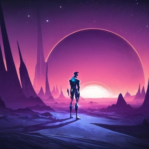 Prompt: Fashionist style art Deco artwork and aesthetic of an android man, artwork as Robert Valley works, he is on the planet mars, he is tall and thin, a synthetic android, darkened. He has a synthetic, slightly muscular body. He is in a kind of sand canyon on Mars, he is holding sand in his right hand looking at it, but his back is turned to the viewer of the image. The sand falls slowly from his right hand to the ground. There's a very beautiful, practically infinite horizon, and the sun is setting. 

in the void of outer space, horrible scene, space, planet, brutal, no gravity
a seashore of another planet, ultra fine details, correct, bright colors, sci-fi, futuristic, UHD, 12K
create an explorer wandering unknown mysterious territorial land in a mysterious unknown planet, adventurous, space.

A beautiful alien like world with another planet in the sky where you can see lights from their cities. The sky will have plenty of stars and galaxies in it. Do not put the stars and galaxies inside the planet that is in the background. purple and galaxy theme colors would be great. try to add some more color to this picture.
Can you add a guy standing up looking at the view? 
Can you add some more blue coloring? and more stars and galaxies in the sky
