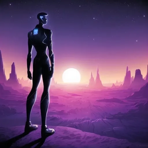 Prompt: Fashionist style art Deco artwork and aesthetic of an android man, artwork as Robert Valley works, he is on the planet mars, he is tall and thin, a synthetic android, darkened. He has a synthetic, slightly muscular body. He is in a kind of sand canyon on Mars, he is holding sand in his right hand looking at it, but his back is turned to the viewer of the image. The sand falls slowly from his right hand to the ground. There's a very beautiful, practically infinite horizon, and the sun is setting. 

in the void of outer space, horrible scene, space, planet, brutal, no gravity
a seashore of another planet, ultra fine details, correct, bright colors, sci-fi, futuristic, UHD, 12K
create an explorer wandering unknown mysterious territorial land in a mysterious unknown planet, adventurous, space.

A beautiful alien like world with another planet in the sky where you can see lights from their cities. The sky will have plenty of stars and galaxies in it. Do not put the stars and galaxies inside the planet that is in the background. purple and galaxy theme colors would be great. try to add some more color to this picture.
Can you add a guy standing up looking at the view? 
Can you add some more blue coloring? and more stars and galaxies in the sky
