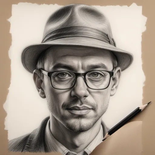 Prompt: a drawing of a man with a hat and glasses on a piece of paper with a pencil in his hand, artist, figurative art, realistic face, a charcoal drawing