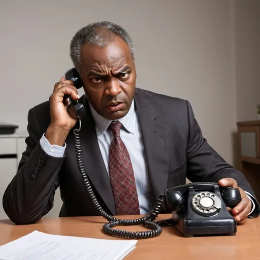 Prompt: a black guy who is a  boss on a telephone call, an old wire phone on the table, he seems angry, one of his hands are stretched