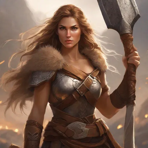 Prompt: Female human fighter, barbarian, one giant war axe that she carries on back, light brown wavy Hair, brown eyes, visible face, ruggedly natural face without make up, high fantasy,
