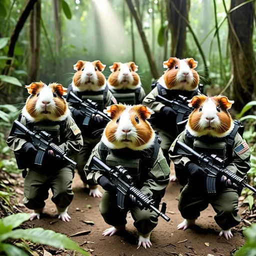 Prompt: 7 guinea pigs walk through the jungle wearing full military Battle Gear of Special forces personnel carrying AR-15 assault rifles, determined look on their faces, bright streams of light come in down to the forest trees in the background.