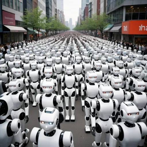 Prompt: Hundreds of thousands of humanoid robots line the streets in the city. In the background are hundreds more, shoulder to shoulder robot, robots without end.