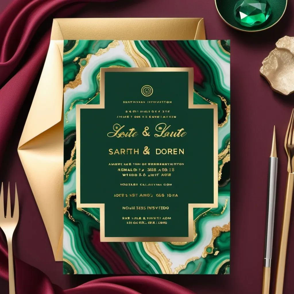 Prompt: Modern Emerald Green Gold Agate Burgundy Wedding Invitation