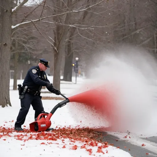 Prompt: Draw Canton, Massachusetts police breaking red plastic and blowing it into snow with a leaf blower. 