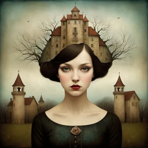 Prompt: What lies beneath my scary thoughts, the insecurities obscured by the beautiful face, the beauty varnish that others see and it's not all, art by Christian Schloe, Gabriel Pacheco, Patricia Polacco