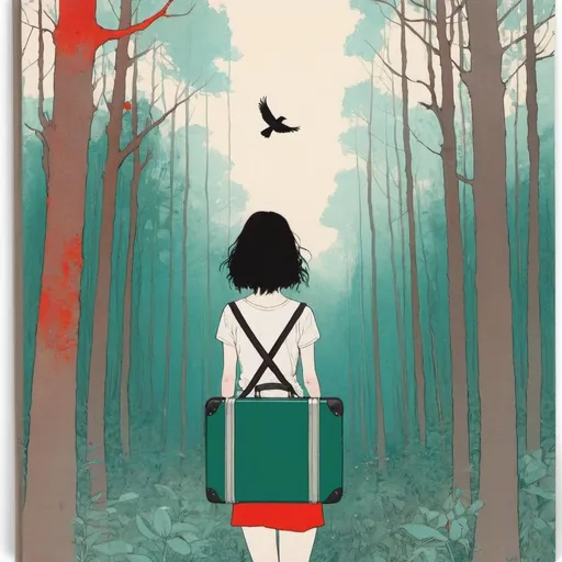 Prompt: a travel case, a forest and a bird by Conrad Roset
