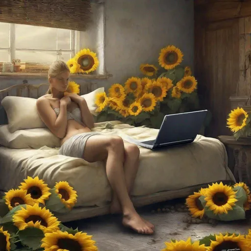 Prompt: a laptop, a bed and a sunflower by Igor Morski