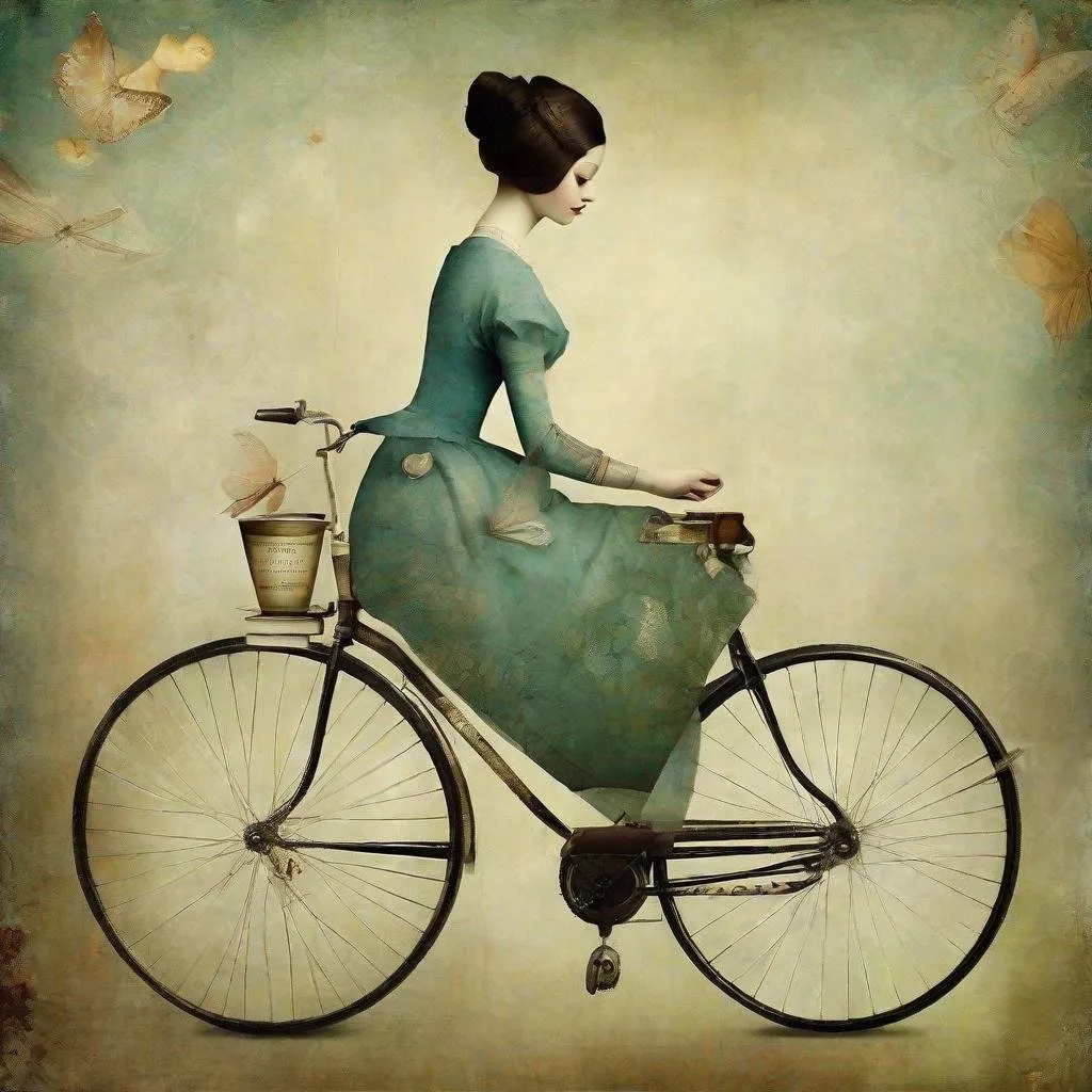 Prompt: a bicycle, a cup of tea cup and a portrait by Catrin Welz-Stein and Christian Schloe
