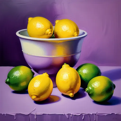 Prompt: lemons and limes still life with mauve background, Impressionism oil painting, brushstrokes, textured painting, thick paint, airbrush, soft and full colours