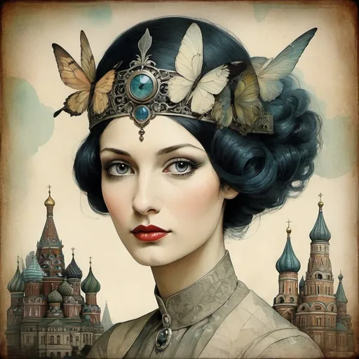 Prompt: portrait, russish CLASSICAL ROMANTIC music, art deco, whimsical, MAGICAL, fantastical, INK, mixed media, GOUACHE, Tim Holtz, CHRISTIAN SCHLOE