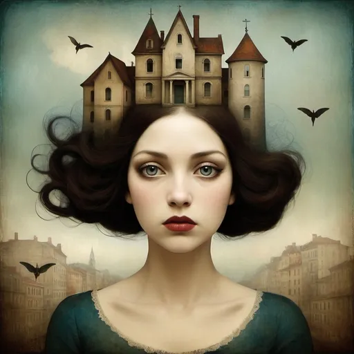 Prompt: What lies beneath my scary thoughts, the insecurities obscured by the beautiful face, the beauty varnish that others see and it's not all, art by Christian Schloe, Gabriel Pacheco, Patricia Polacco