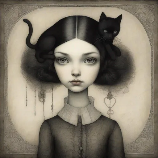 Prompt: Fine art etching portrait of a stylized cute girl and her black cat depicted style combination of Bill Carman, Nicoletta Ceccoli, Amy Earles and Abigail Larson, Grimdark, frontal facing portrait, extremely detailed, beautiful, Best quality, high definition.