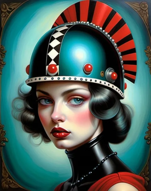 Prompt: checkerboard background, beautiful female face, lower lip painted black, spellbinding gaze, large red pearls, teal helmet, baroque surreal collage by Julie Curtiss and Esao Andrews
