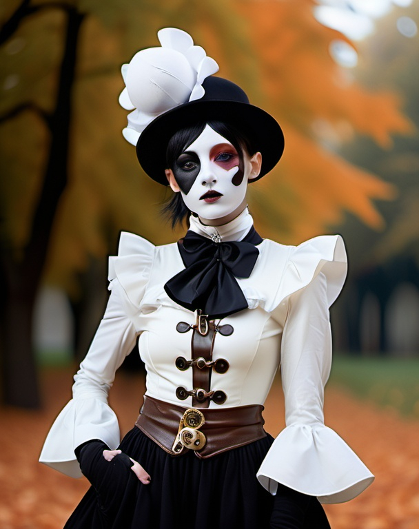 Prompt: Yohji Yamamoto style editorial photography, steampunk woman as Pierrot, fashion shot, colors of fall, homogeneous background