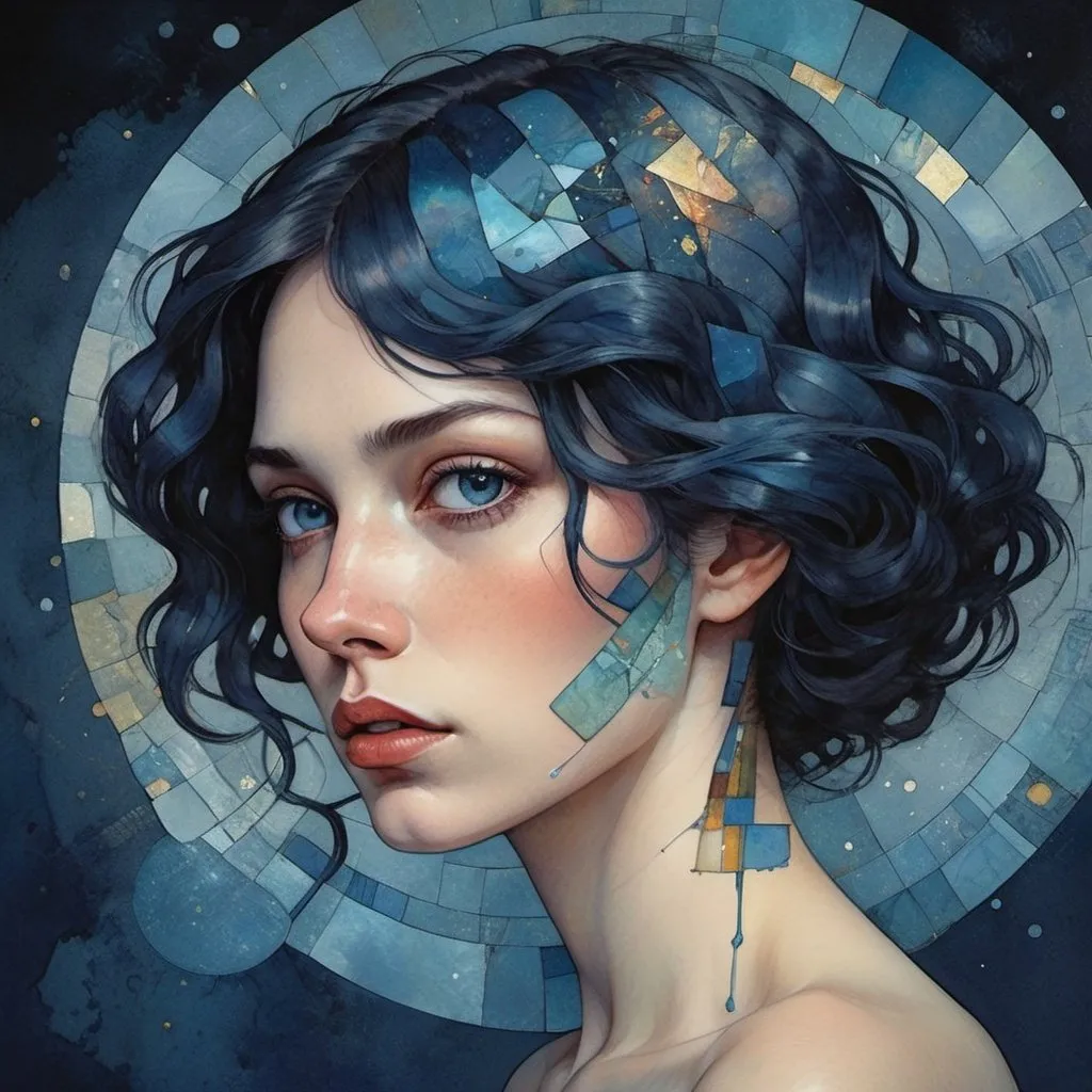 Prompt: in iridescent stone texture patchwork, a woman's hair is the night sky, watercolor, ink imperial colors, Art Deco by Annigoni, Egon Schiele, Milo Manara, Botticelli, Catrin Welz-Stein, Jean Metzinger, Klimt, perfect eyes, perfect hands, face, highly detailed, splatter, dynamic, dark blue background, professional ominous concept art, by artgerm and Greg Rutkowski, an intricate, elegant, highly detailed, concept art, smooth, sharp focus, illustration, in the style of Simon Stalenhag, Wayne Barlowe, and Igor Kieryluk