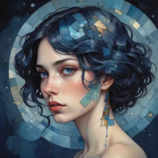 Prompt: in iridescent stone texture patchwork, a woman's hair is the night sky, watercolor, ink imperial colors, Art Deco by Annigoni, Egon Schiele, Milo Manara, Botticelli, Catrin Welz-Stein, Jean Metzinger, Klimt, perfect eyes, perfect hands, face, highly detailed, splatter, dynamic, dark blue background, professional ominous concept art, by artgerm and Greg Rutkowski, an intricate, elegant, highly detailed, concept art, smooth, sharp focus, illustration, in the style of Simon Stalenhag, Wayne Barlowe, and Igor Kieryluk