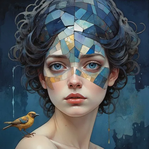Prompt: in iridescent stone texture patchwork, a bird, watercolor, ink imperial colors, Art Deco by Annigoni, Egon Schiele, Milo Manara, Botticelli, Catrin Welz-Stein, Jean Metzinger, Klimt, perfect eyes, perfect hands, face, highly detailed, splatter, dynamic, dark blue background, professional ominous concept art, by artgerm and Greg Rutkowski, an intricate, elegant, highly detailed, concept art, smooth, sharp focus, illustration, in the style of Simon Stalenhag, Wayne Barlowe, and Igor Kieryluk