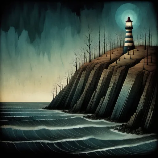 Prompt: Ethereal, surreal dreamscape, Andy Kehoe, glitchy, striped lighthouse, midnight, coastal rocks, Phlegm