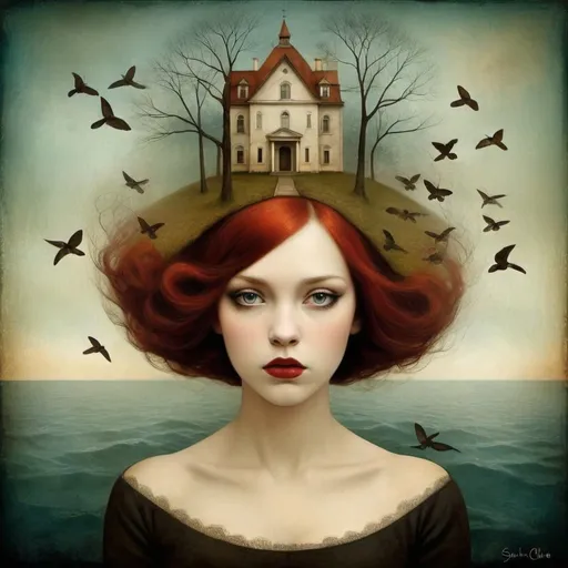Prompt: What lies beneath my scary thoughts, the insecurities obscured by the beautiful face, the beauty varnish that others see and it's not all, art by Christian Schloe