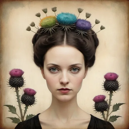 Prompt: frontal vintage portrait of a woman by Christian Schloe, the background black and colourful ink drawing thistles