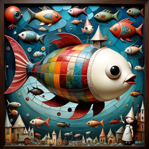 Prompt: cinematic, 32k, abstract expressionism, splatter oil, encaustic ,impasto, by Craola, Nicoletta Ceccoli, Michael Cheval, Tomek Setowski, Jeremiah Ketner, Todd Lockwood, storybook illustration, detailed patchwork, cute tiny flying fish blimp, patchwork, stained glass, mosaic, extremely big sharp glowing eyes, fairytale, storybook, mystical, highly detailed unusual highly detailed, intricated, intricated pose, masterpiece, high quality, vibrant colors, complex patterns