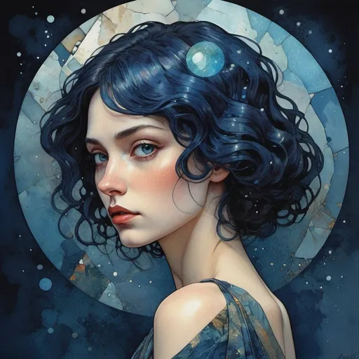 Prompt: in iridescent stone texture patchwork, a woman's hair is the night sky, watercolor, ink imperial colors, Art Deco by Annigoni, Egon Schiele, Milo Manara, Botticelli, Catrin Welz-Stein, Jean Metzinger, Klimt, perfect eyes, perfect hands, face, highly detailed, splatter, dynamic, dark blue background, professional ominous concept art, by artgerm and Greg Rutkowski, an intricate, elegant, highly detailed, concept art, smooth, sharp focus, illustration, in the style of Simon Stalenhag, Wayne Barlowe, and Igor Kieryluk