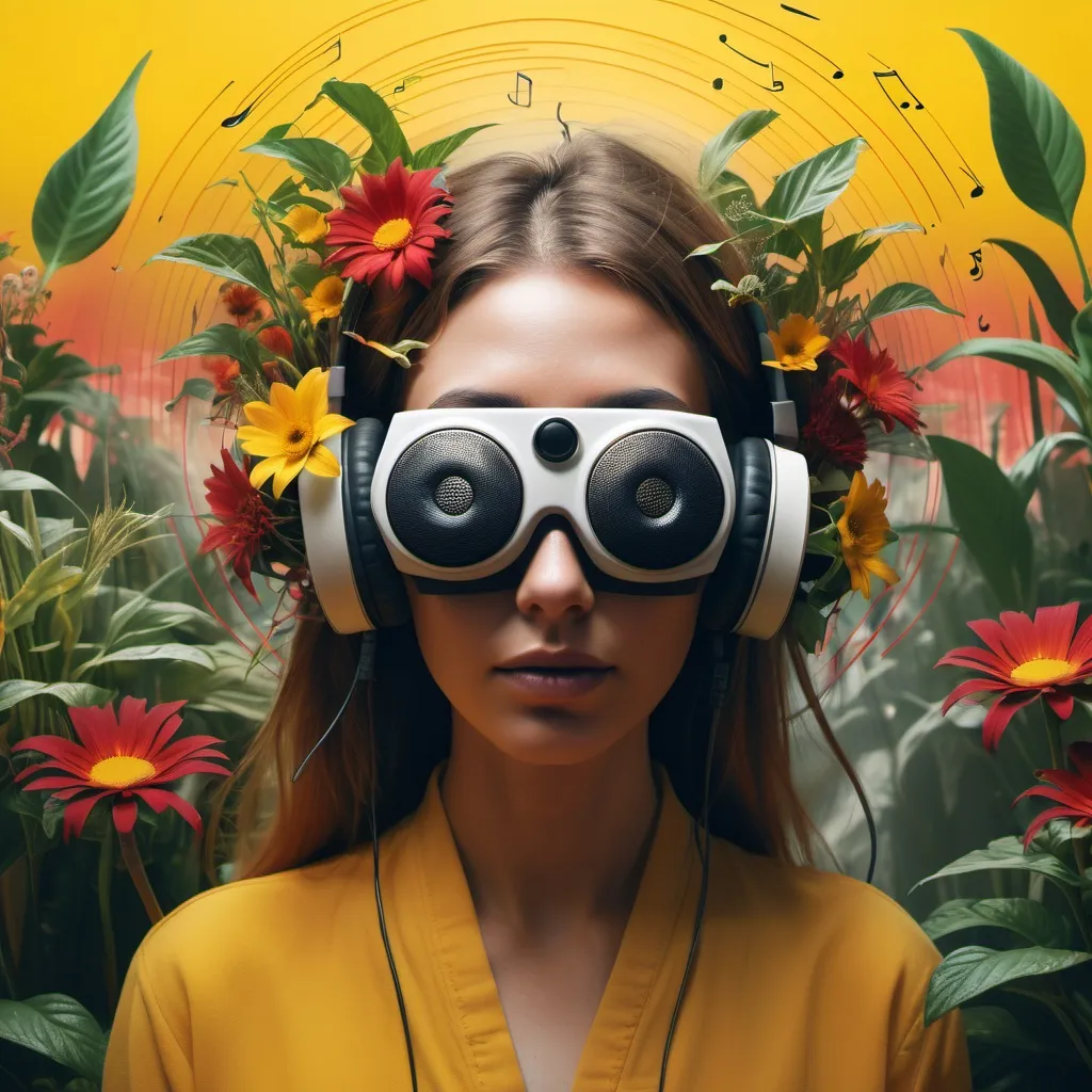 Prompt: A woman with a music speaker covering her face, surrounded by plants and flowers, by Mike "Beeple" Winkelmann, facing the camera, yellow red scheme, cinematic rippling soundwave style, soundscape, sonic ripples and circles, disconnected shapes, soundscape, sonic ripples, face made of notation, inspired by Byron Galvez, nam june paik, ramil sunga, avant uniform, song, Frank Roth