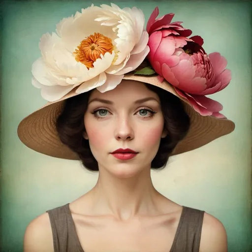 Prompt: vintage frontal portrait of a beautiful woman in '30s hat, big peony flower covers her half face by Christian Schloe