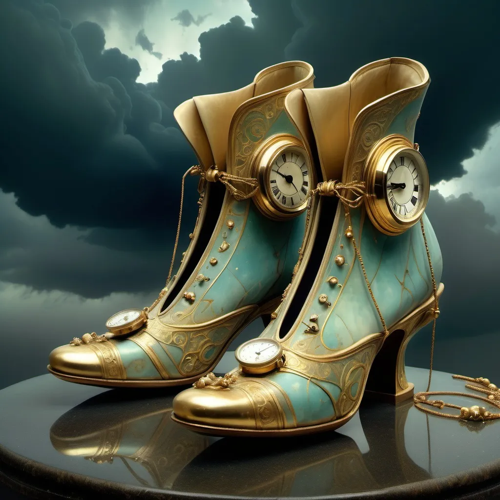 Prompt: Surreal, strange shoes with long narrow toes and adorned with little watches, under a stormy sky, kintsugi art, the style of Thomas Wilmer Dewing, Alphonse Mucha, art deco, Gustav Klimt great depth and scale, Daniel Merriam, Kay Nielsen, modern style, dramatic lighting and shadows, gold tones, ethereal atmosphere, Empire style, Kintsugi style, Layered Artwork

