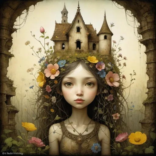 Prompt: Bright spring day, ruin overgrown with flowers, by Luis Gabriel Pacheco, Naoto Hattori and Jean-Baptiste Monge, meticulous, intricate, entangled, intricately detailed, dawn light