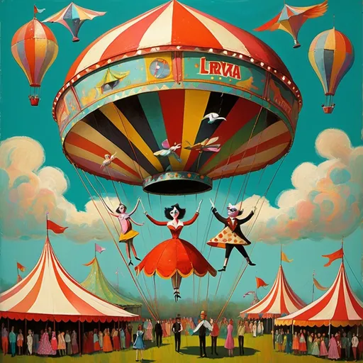 Prompt: master, big top, lyra, flying, MULTIMEDIA collage, SURREAL, WHIMSICAL,  Leroy Neiman, ANNA SILIVONCHIK