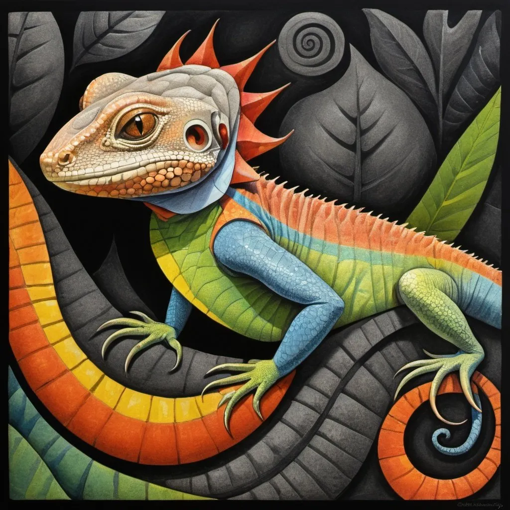 Prompt: (lizard:1.4), MAGICAL, surreal, whimsical, MYSTERIOUS, brushed charcoal, colorful, GOUACHE, Morris Hirschfield, GIACOMO BALLA, 