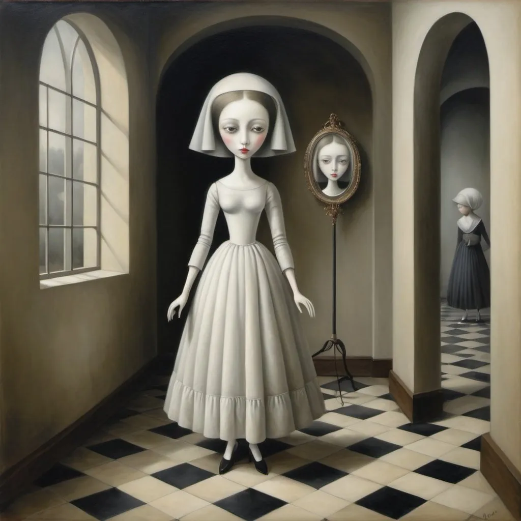 Prompt: She lingers, a sad specter in a shallow world, such a beautiful solitary figure, whose soul has grown to turn cruel and unkind, existence, a burden she cannot bear anymore, Janet Hill, Jean Tinguely, Fernand Leger, Nicoletta Ceccoli, James Rizzi