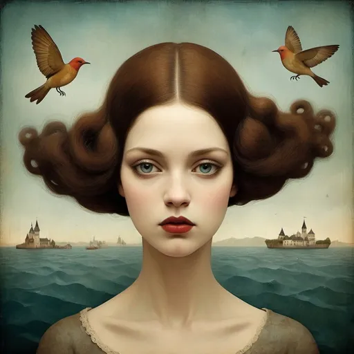 Prompt: What lies beneath my scarry thoughs, the insecurities obscured by the beautiful face, the beauty varnish that others see and it's not all, art by Christian Schloe, Gabriel Pacheco, Patricia Polacco,