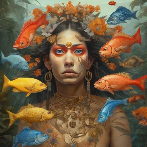Prompt: Great big red fish on face, Perfect body woman, big great eye yellow, Grey, Orange and BLUE, Cyclops flowers Muted Flowers, Surreal, Artwork, Highly detailed, Concept art, Surrealism, Surreal art, Salvador Dali, Fantasy, Artstation by Sill Scaroni, Gold details, woman portrait, child native american, Gold details, tropical Forest, aligator on face, flowers, rain, alien space, big flowers, Gold snow
