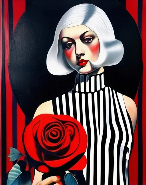 Prompt: Surrealism, girl model in silk dress with striped print, silk bow on short white hair, red rose in hand, in the style of Odilon Redon, Paul Delvaux, Emory Douglas, Barbara Kruger