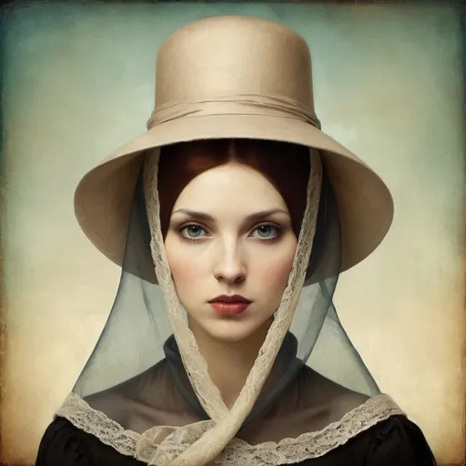 Prompt: frontal portrait of a woman in veiled hat by Christian Schloe
