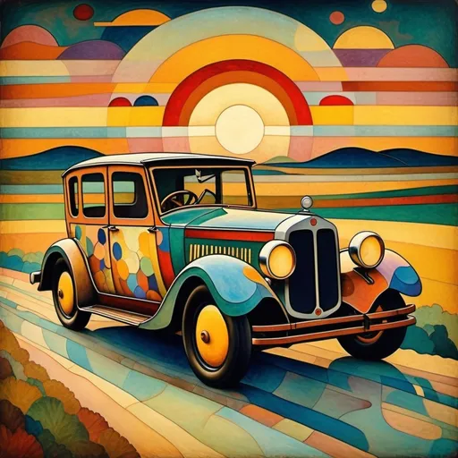 Prompt: In the style of Gustav Klimt, Wassily Kandinsky and Paul Klee: detailed vintage car side of road sunset
