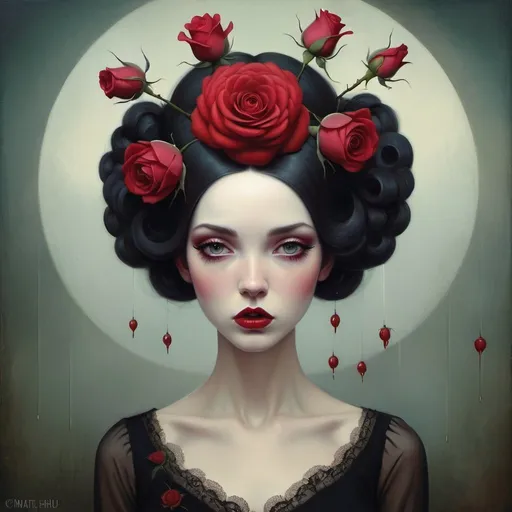 Prompt: painting of a woman with a red rose in her hair, Natalie Shau, Tom Bagshaw artstyle, Benjamin Lacombe, inspired by Catrin Welz-Stein, beautiful surreal portrait by Kurt Roesch