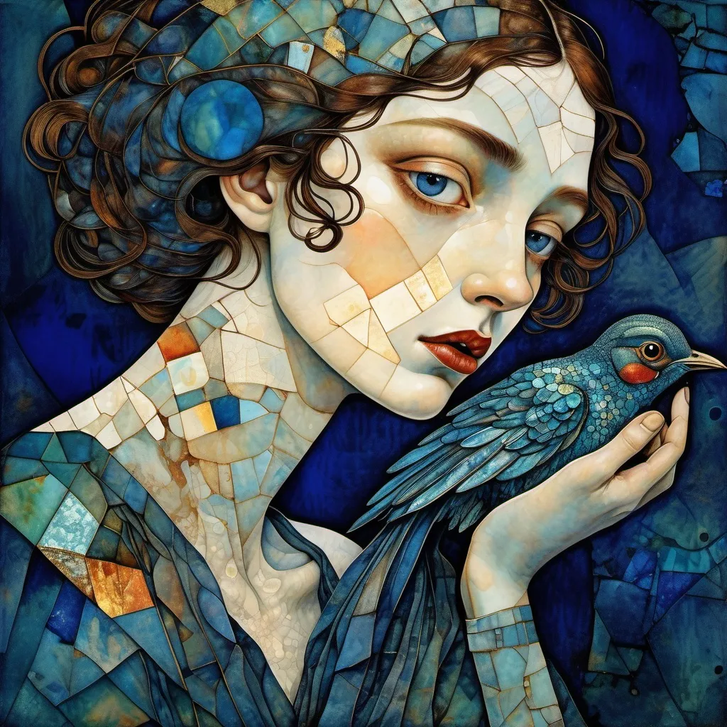 Prompt: in iridescent stone texture patchwork, a bird, watercolor, ink imperial colors, Art Deco by Annigoni, Egon Schiele, Milo Manara, Botticelli, Catrin Welz-Stein, Jean Metzinger, Klimt, perfect eyes, perfect hands, face, highly detailed, splatter, dynamic, dark blue background, professional ominous concept art, by artgerm and Greg Rutkowski, an intricate, elegant, highly detailed, concept art, smooth, sharp focus, illustration, in the style of Simon Stalenhag, Wayne Barlowe, and Igor Kieryluk
