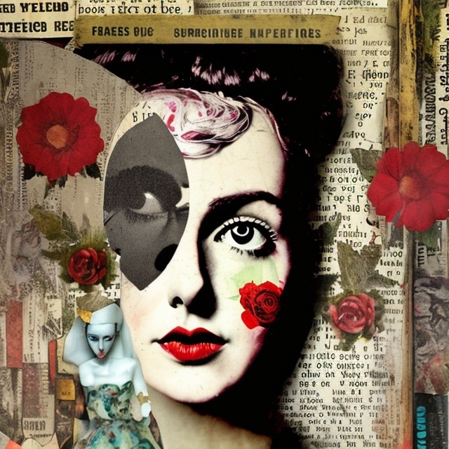 Prompt: vintage pop art, surrealistic collage, mixed media, double exposure, close-up: her fears are floral decoupage papier-mâché dolls, in the style of Edward Gorey
