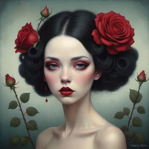 Prompt: painting of a woman with a red rose in her hair, Natalie Shau, Tom Bagshaw artstyle, Benjamin Lacombe, inspired by Catrin Welz-Stein, beautiful surreal portrait by Kurt Roesch